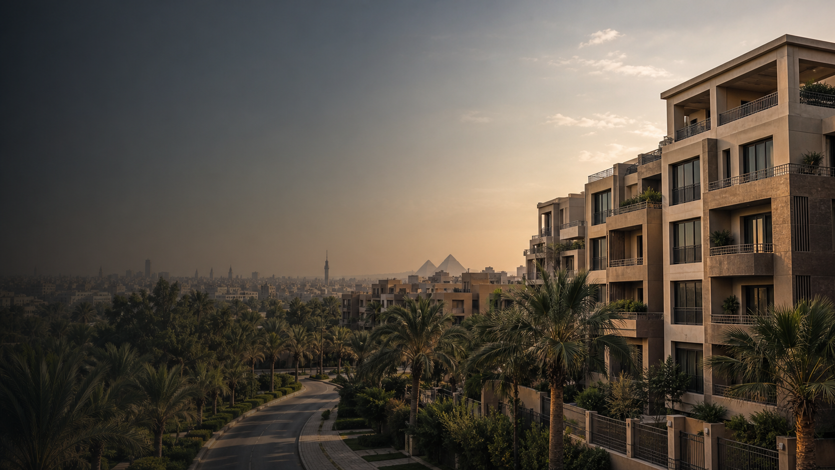 Egyptian residential neighborhood with palms and apartment buildings